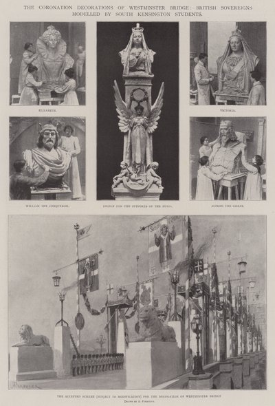 The Coronation Decorations of Westminster Bridge, British Sovereigns Modeled by South Kensington Students by Amedee Forestier